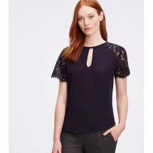 Ann Taylor Navy Lace Sleeve Top M